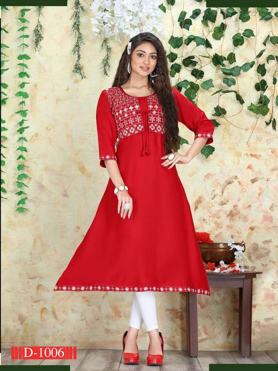 NEW RIYAA TIYA VOL.1  RAYON EMBROIDERY WORK KOTI STYLE ATTACHED KURTI CATALOG WHOLESALER BEST RATE