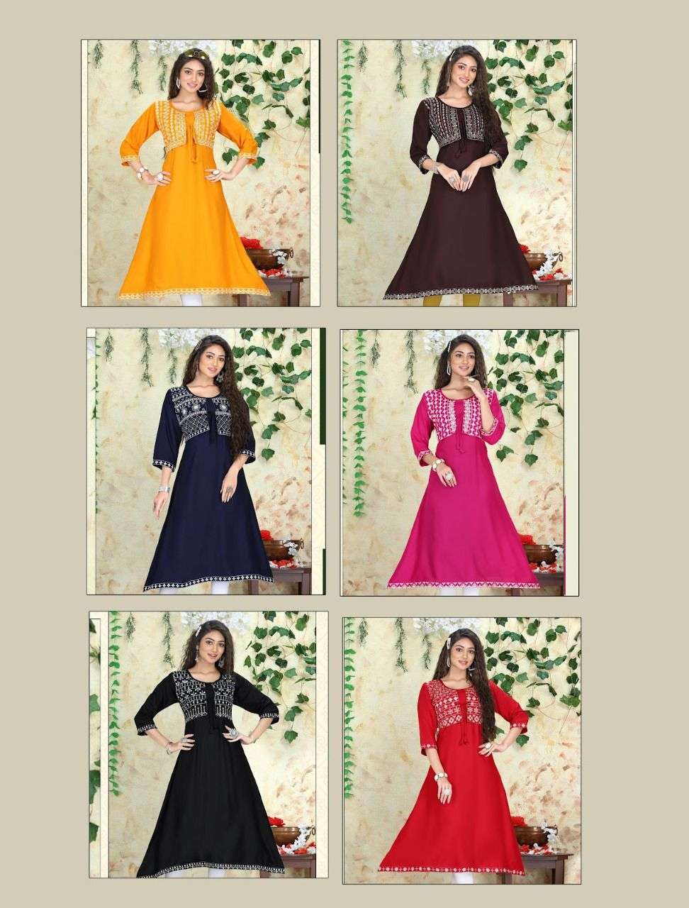 NEW RIYAA TIYA VOL.1  RAYON EMBROIDERY WORK KOTI STYLE ATTACHED KURTI CATALOG WHOLESALER BEST RATE