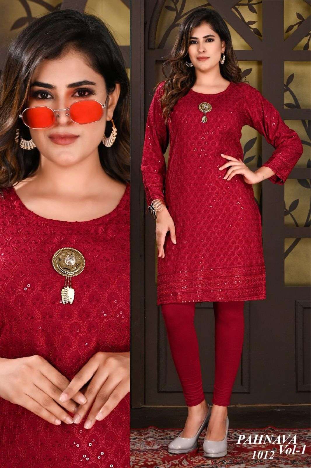 BEAUTU QUEEN PAHNAVA VOL.1 HEAVY RAYON SEQUENCE BORDER CHIKAN STRIGHT WITH BROUCH KURTI CATALOG WHOLESALER BEST RATE