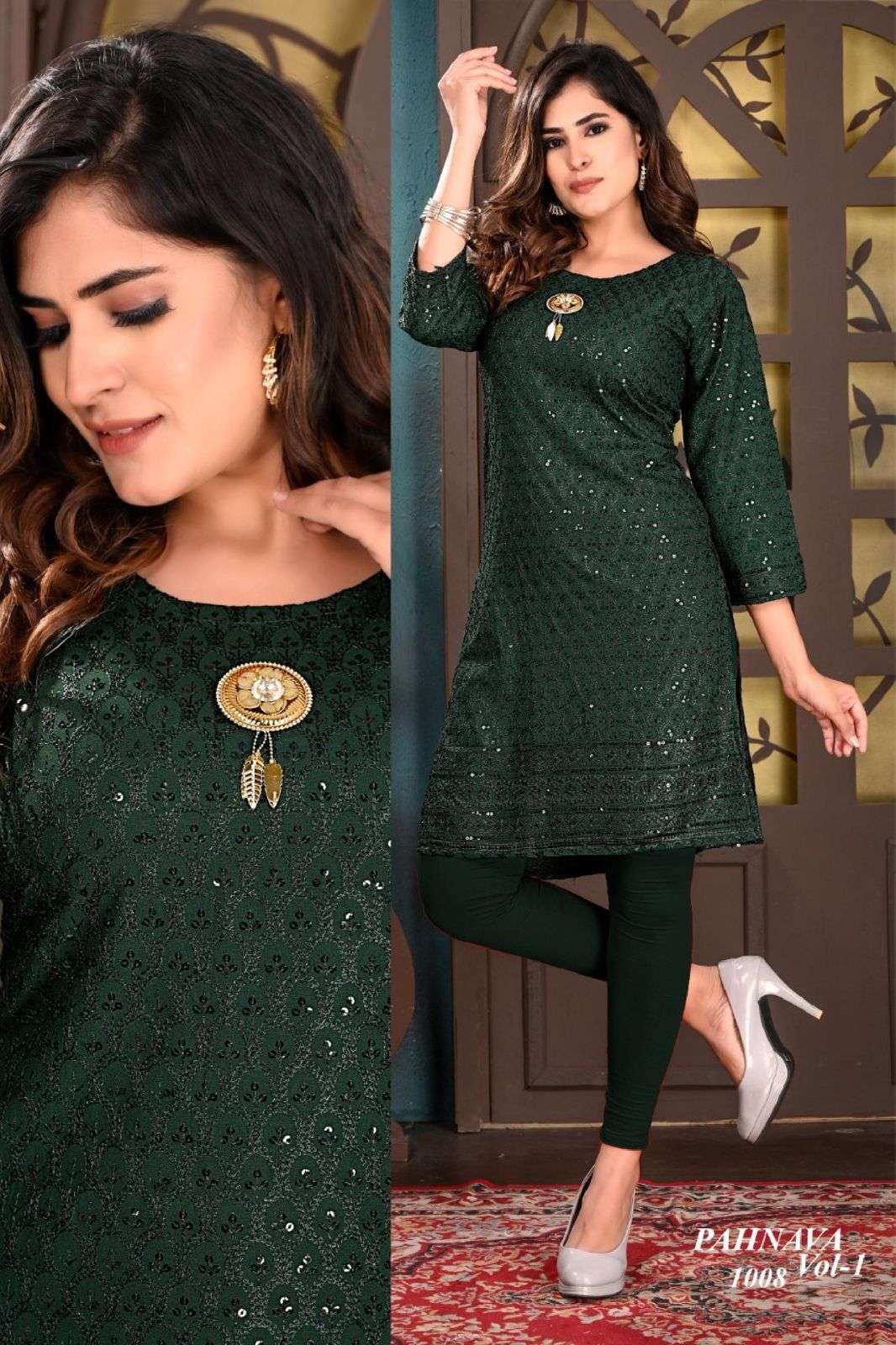 BEAUTU QUEEN PAHNAVA VOL.1 HEAVY RAYON SEQUENCE BORDER CHIKAN STRIGHT WITH BROUCH KURTI CATALOG WHOLESALER BEST RATE