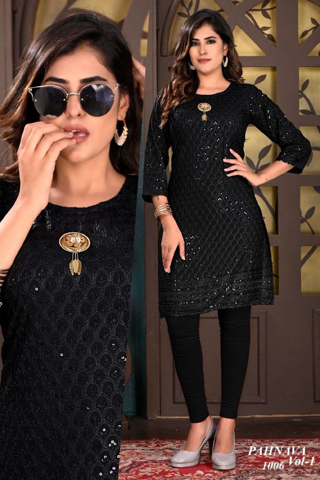 BEAUTU QUEEN PAHNAVA VOL.1 HEAVY RAYON SEQUENCE BORDER CHIKAN STRIGHT WITH BROUCH KURTI CATALOG WHOLESALER BEST RATE