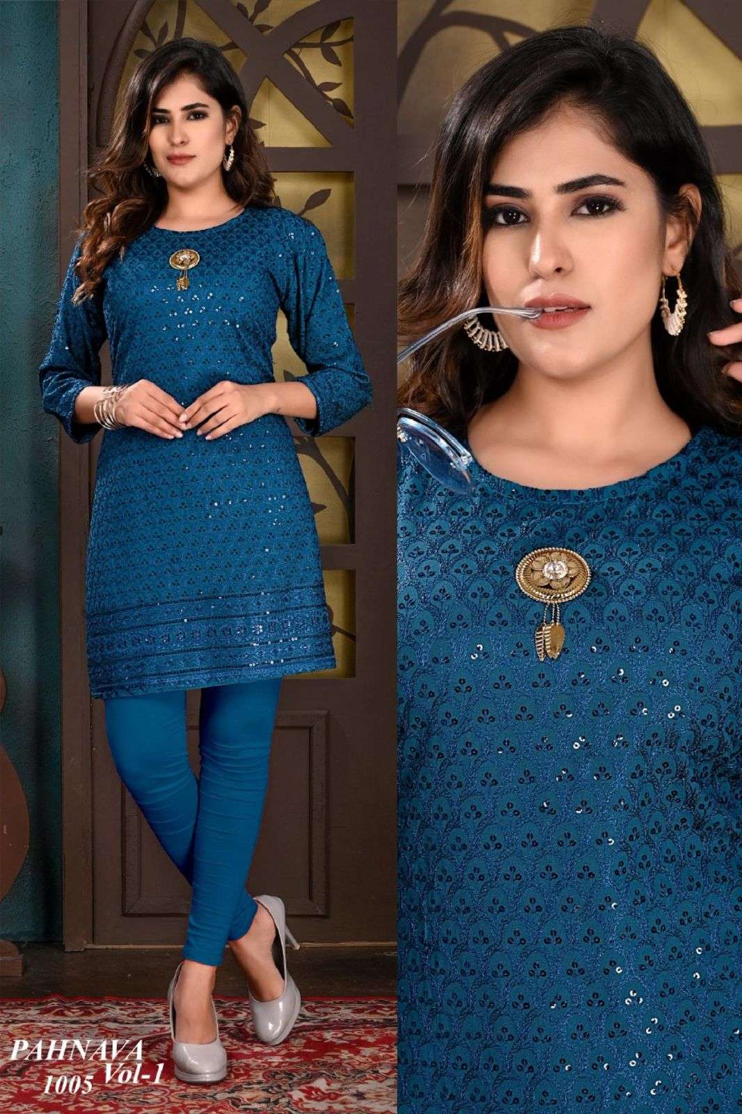 BEAUTU QUEEN PAHNAVA VOL.1 HEAVY RAYON SEQUENCE BORDER CHIKAN STRIGHT WITH BROUCH KURTI CATALOG WHOLESALER BEST RATE