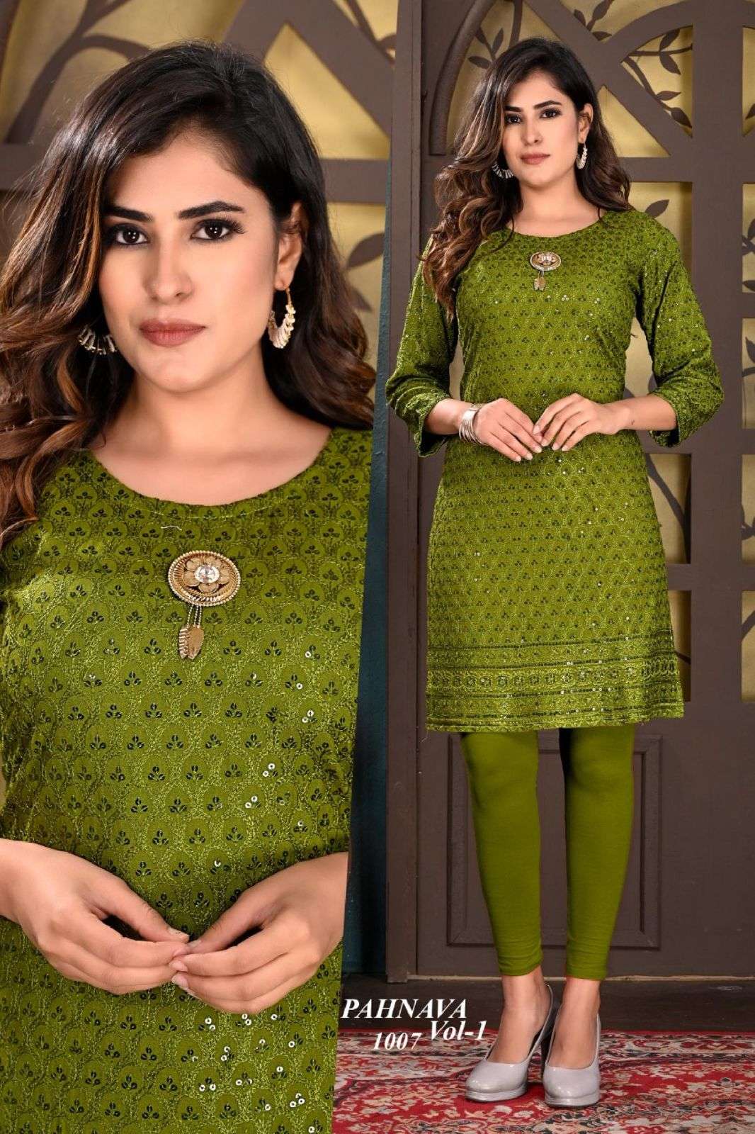 BEAUTU QUEEN PAHNAVA VOL.1 HEAVY RAYON SEQUENCE BORDER CHIKAN STRIGHT WITH BROUCH KURTI CATALOG WHOLESALER BEST RATE