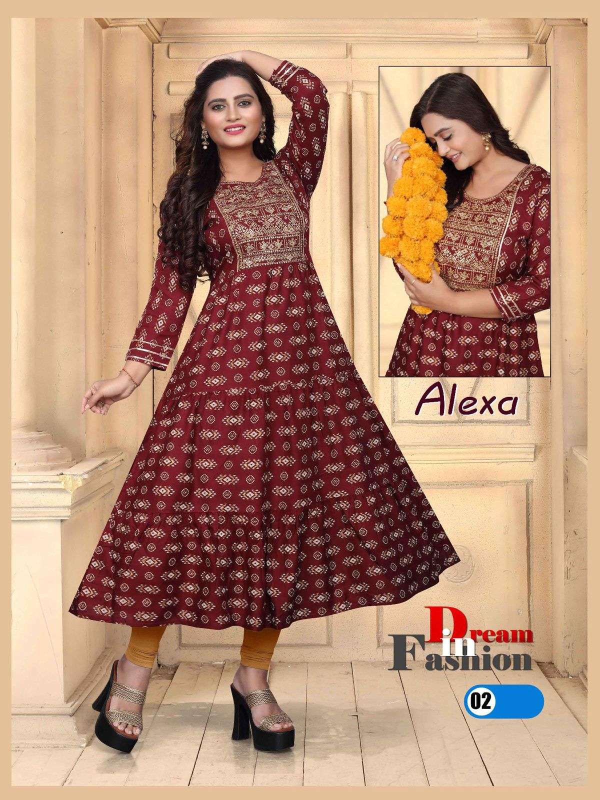 Beauty Alexa Vol 2 Rayon 14 Kg Heavy Sequence Work Gown Kurti Length 50 and Ghera 60 with Lace Pattern KURTI CATALOG WHOLESALER BEST RATE