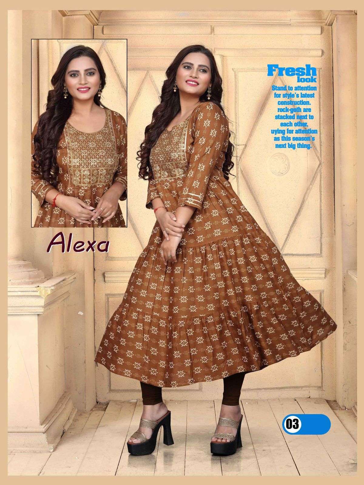 Beauty Alexa Vol 2 Rayon 14 Kg Heavy Sequence Work Gown Kurti Length 50 and Ghera 60 with Lace Pattern KURTI CATALOG WHOLESALER BEST RATE