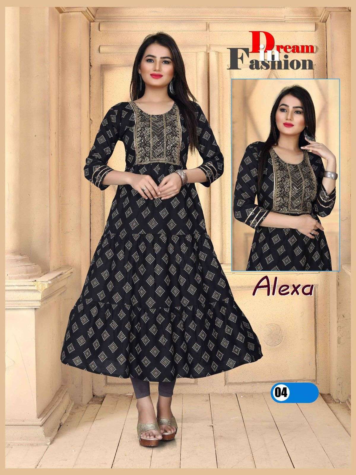 Beauty Alexa Vol 2 Rayon 14 Kg Heavy Sequence Work Gown Kurti Length 50 and Ghera 60 with Lace Pattern KURTI CATALOG WHOLESALER BEST RATE