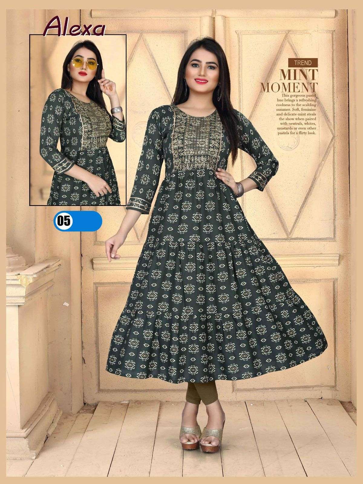 Beauty Alexa Vol 2 Rayon 14 Kg Heavy Sequence Work Gown Kurti Length 50 and Ghera 60 with Lace Pattern KURTI CATALOG WHOLESALER BEST RATE