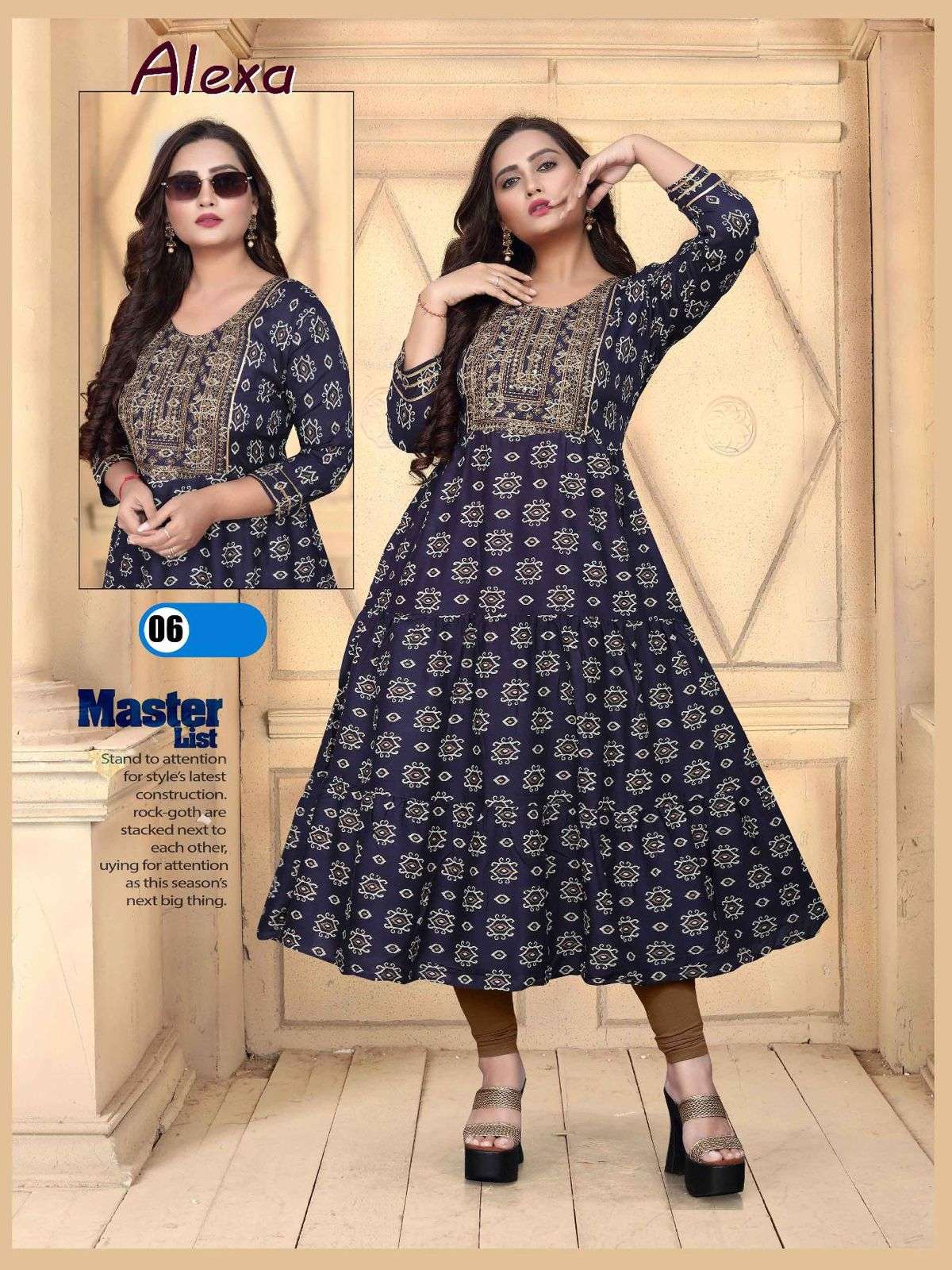Beauty Alexa Vol 2 Rayon 14 Kg Heavy Sequence Work Gown Kurti Length 50 and Ghera 60 with Lace Pattern KURTI CATALOG WHOLESALER BEST RATE