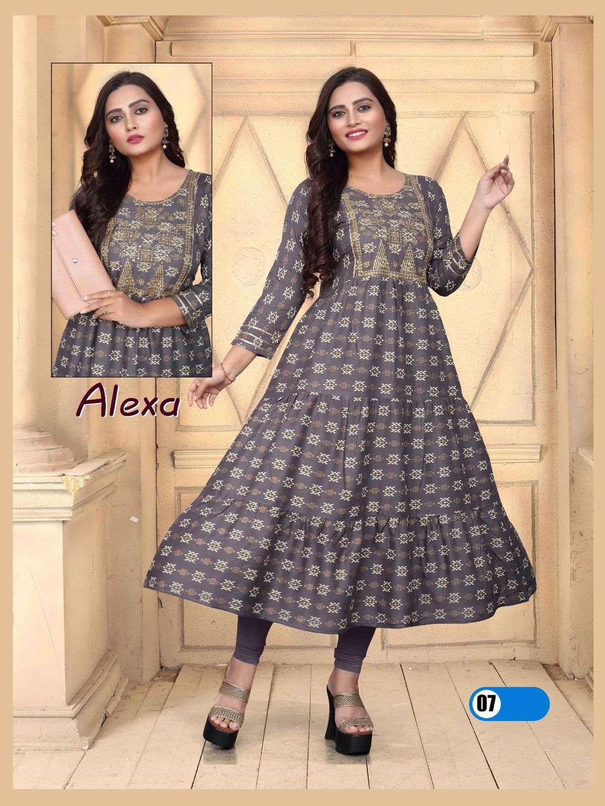 Beauty Alexa Vol 2 Rayon 14 Kg Heavy Sequence Work Gown Kurti Length 50 and Ghera 60 with Lace Pattern KURTI CATALOG WHOLESALER BEST RATE