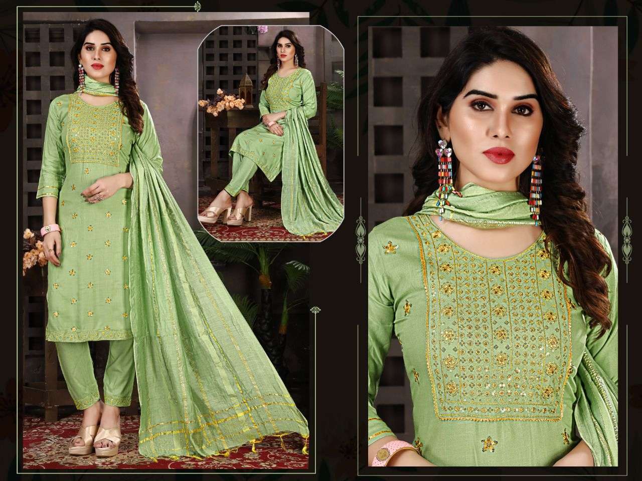 BEAUTY QUEEN HOTSATR VOL.7 Rayon Slub Heavy Sequence Work Kurti with Pant and Silk Dupatta READYMADE SUIT CATALOG WHOLESALER BEST RATE