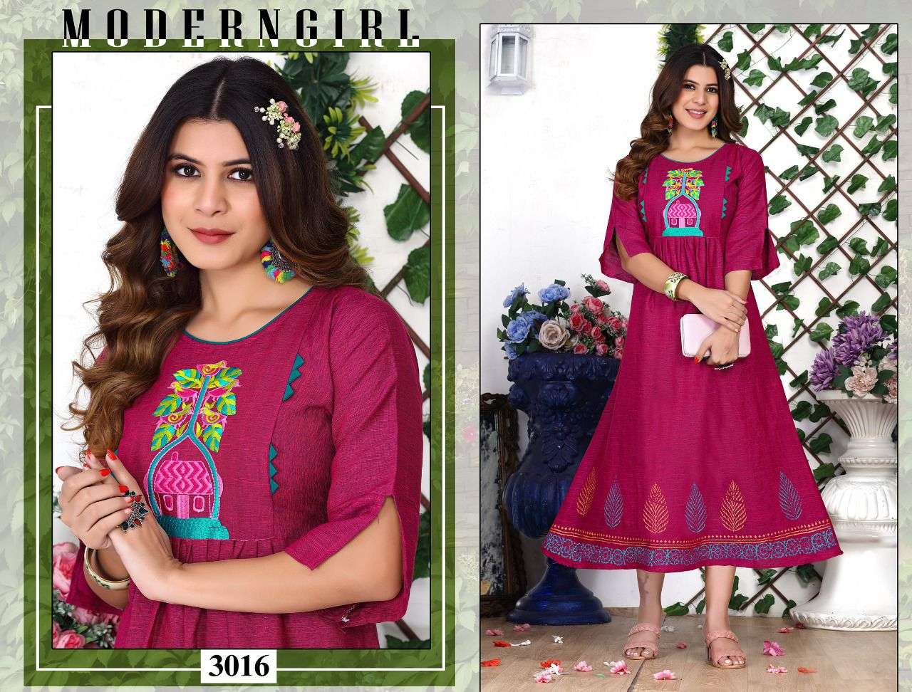 BEAUTY ROSELINE HEAVY RAYON TWO TONE EMBROIDERY WORK PRINT GHERA KURTI CATALOG WHOLESALER BEST RATE