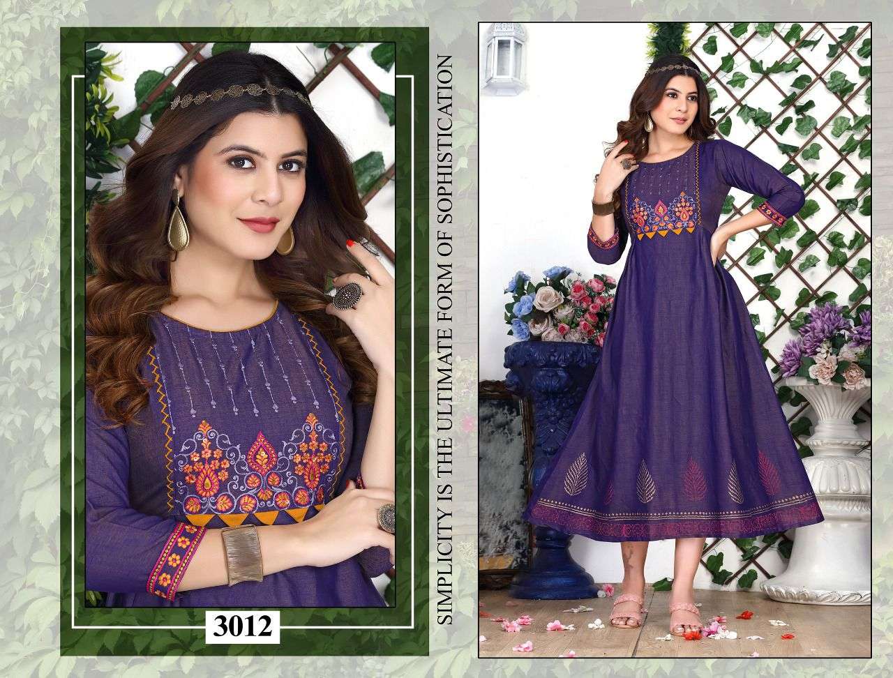 BEAUTY ROSELINE HEAVY RAYON TWO TONE EMBROIDERY WORK PRINT GHERA KURTI CATALOG WHOLESALER BEST RATE