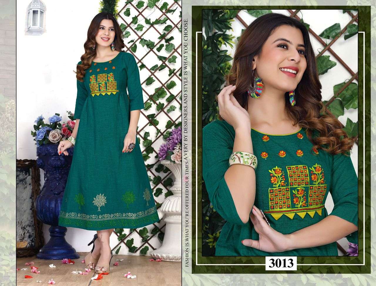 BEAUTY ROSELINE HEAVY RAYON TWO TONE EMBROIDERY WORK PRINT GHERA KURTI CATALOG WHOLESALER BEST RATE