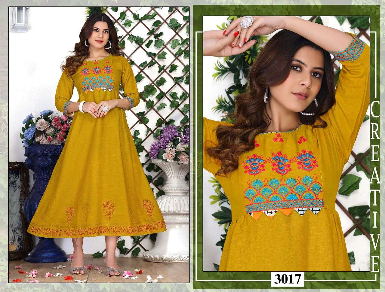 BEAUTY ROSELINE HEAVY RAYON TWO TONE EMBROIDERY WORK PRINT GHERA KURTI CATALOG WHOLESALER BEST RATE