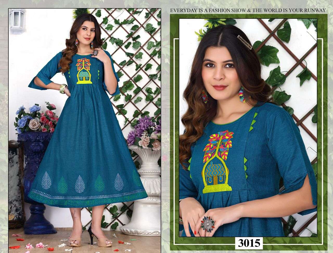 BEAUTY ROSELINE HEAVY RAYON TWO TONE EMBROIDERY WORK PRINT GHERA KURTI CATALOG WHOLESALER BEST RATE