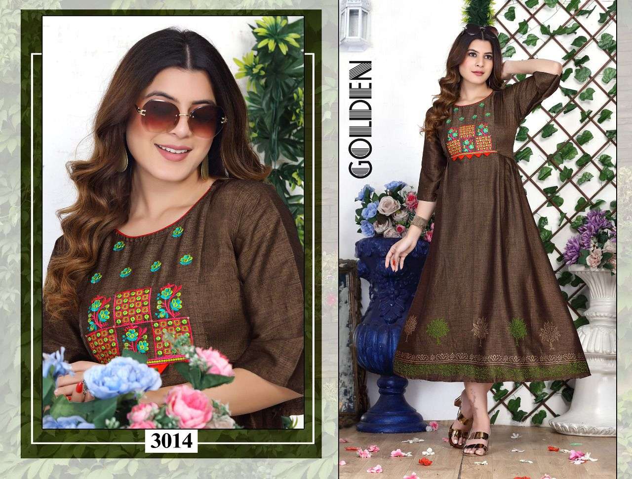BEAUTY ROSELINE HEAVY RAYON TWO TONE EMBROIDERY WORK PRINT GHERA KURTI CATALOG WHOLESALER BEST RATE