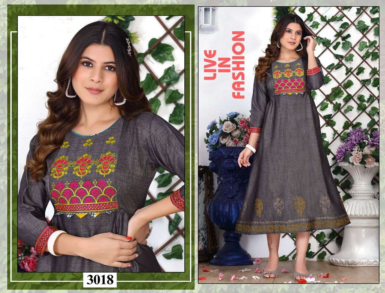 BEAUTY ROSELINE HEAVY RAYON TWO TONE EMBROIDERY WORK PRINT GHERA KURTI CATALOG WHOLESALER BEST RATE