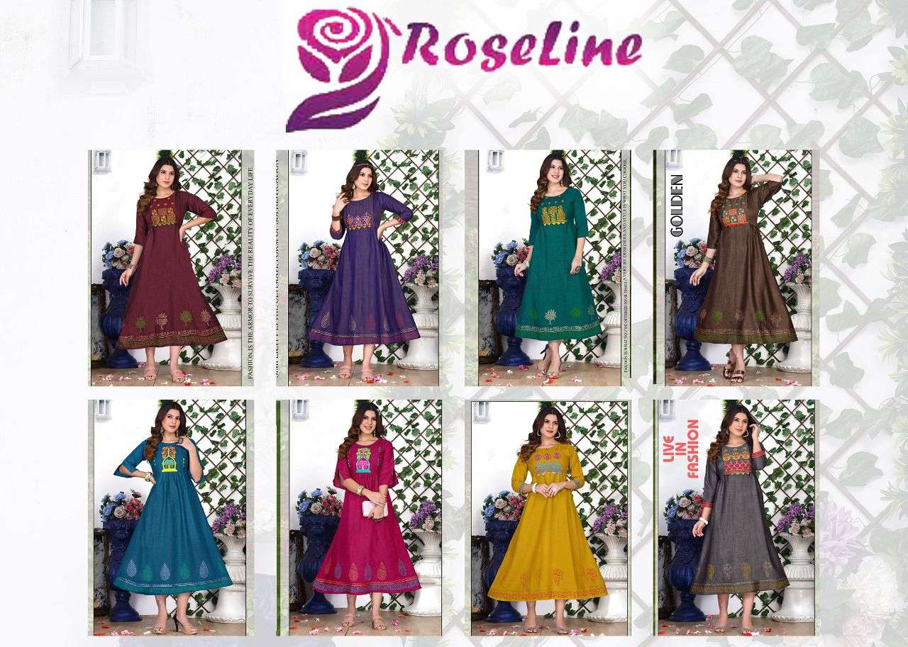 BEAUTY ROSELINE HEAVY RAYON TWO TONE EMBROIDERY WORK PRINT GHERA KURTI CATALOG WHOLESALER BEST RATE