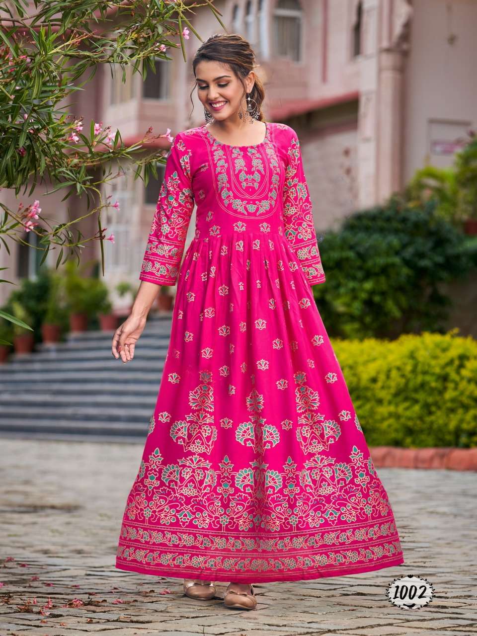 flora rayon foil print big size flair gown wholesaler