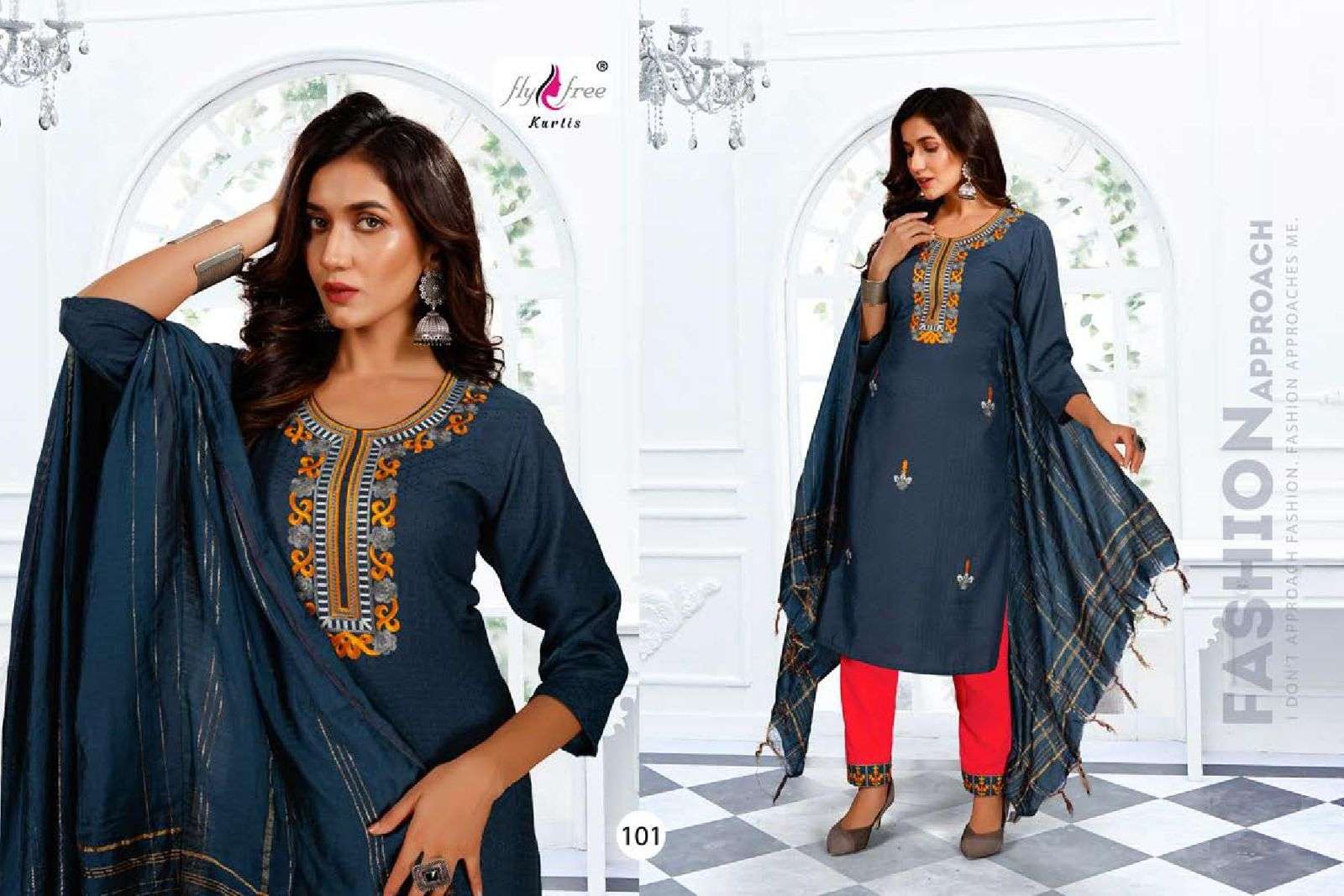 FLY FREE Fatima Fancy fabric Embroidery Work and Dupatta Fancy READYMADE SUIT CATALOG WHOLESALER BEST RATE