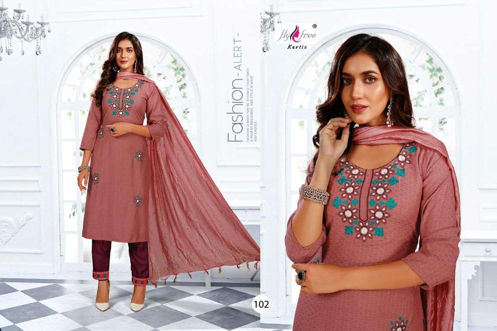 FLY FREE Fatima Fancy fabric Embroidery Work and Dupatta Fancy READYMADE SUIT CATALOG WHOLESALER BEST RATE