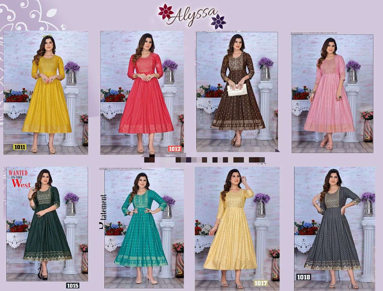 GOLDEN ALYSSA VOL.1 HEAVY RAYON 14 KG FANCY LONG KURTI WITH SEQUENCE WORK WITH HEAVEY GOLD PRINT KURTI CATALOG WHOLESALER BEST RATE