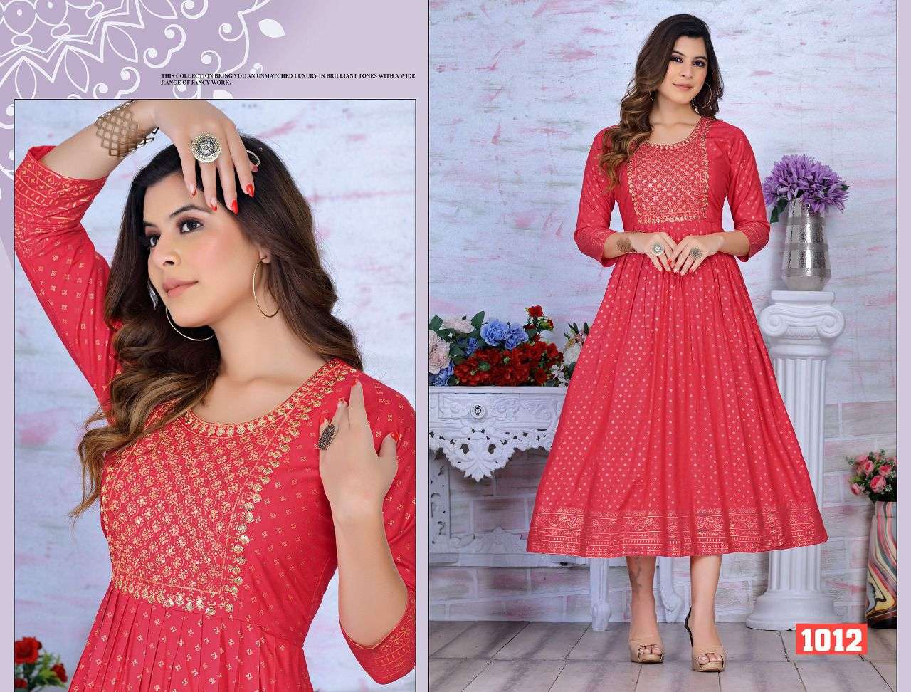 GOLDEN ALYSSA VOL.1 HEAVY RAYON 14 KG FANCY LONG KURTI WITH SEQUENCE WORK WITH HEAVEY GOLD PRINT KURTI CATALOG WHOLESALER BEST RATE