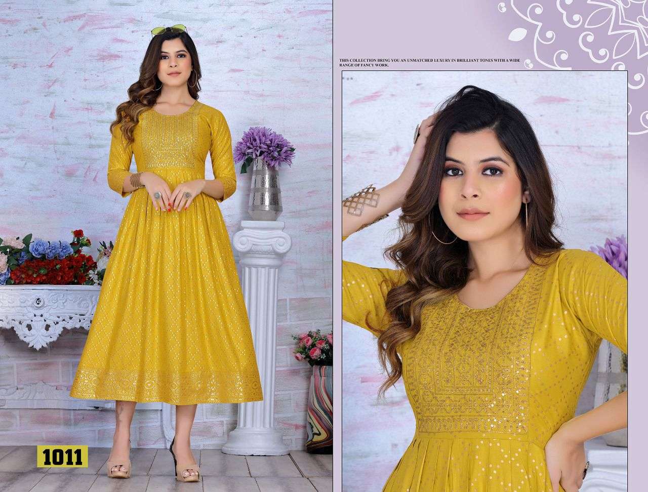 GOLDEN ALYSSA VOL.1 HEAVY RAYON 14 KG FANCY LONG KURTI WITH SEQUENCE WORK WITH HEAVEY GOLD PRINT KURTI CATALOG WHOLESALER BEST RATE
