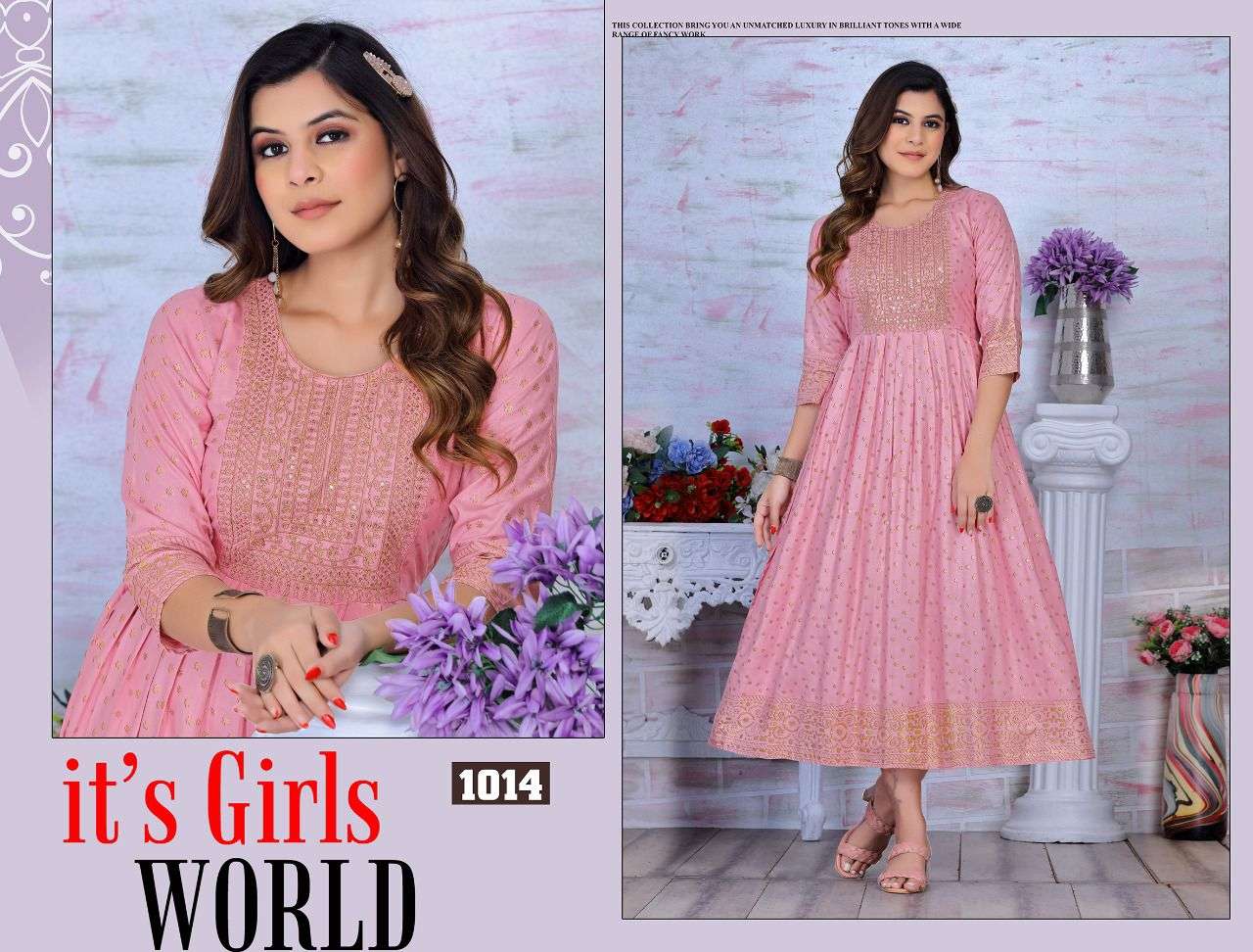 GOLDEN ALYSSA VOL.1 HEAVY RAYON 14 KG FANCY LONG KURTI WITH SEQUENCE WORK WITH HEAVEY GOLD PRINT KURTI CATALOG WHOLESALER BEST RATE