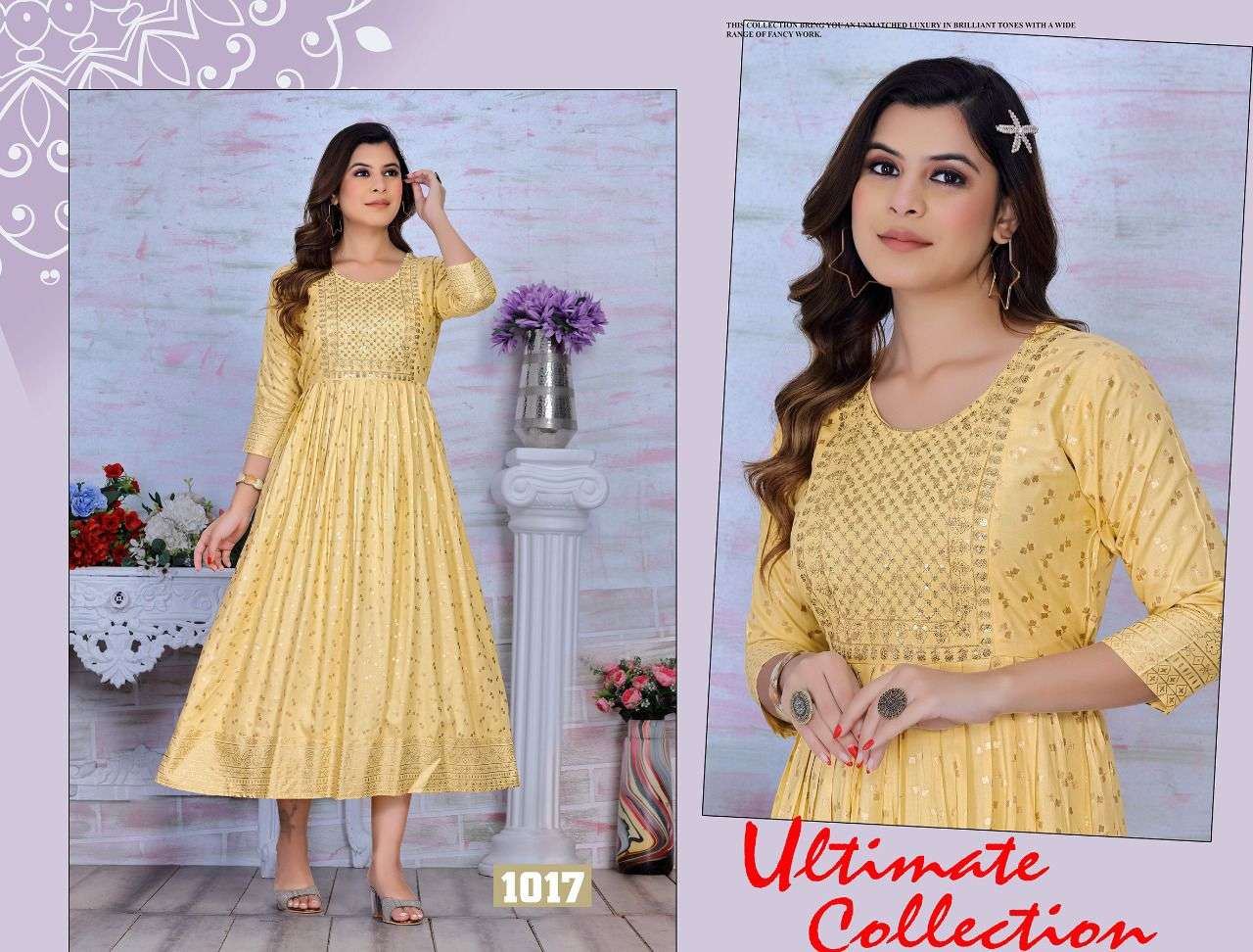 GOLDEN ALYSSA VOL.1 HEAVY RAYON 14 KG FANCY LONG KURTI WITH SEQUENCE WORK WITH HEAVEY GOLD PRINT KURTI CATALOG WHOLESALER BEST RATE