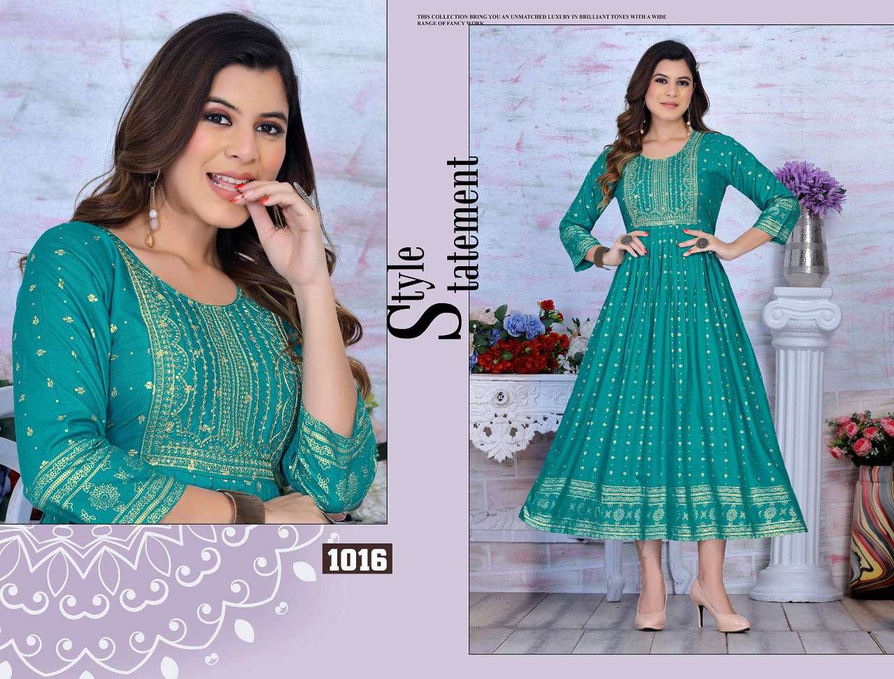 GOLDEN ALYSSA VOL.1 HEAVY RAYON 14 KG FANCY LONG KURTI WITH SEQUENCE WORK WITH HEAVEY GOLD PRINT KURTI CATALOG WHOLESALER BEST RATE