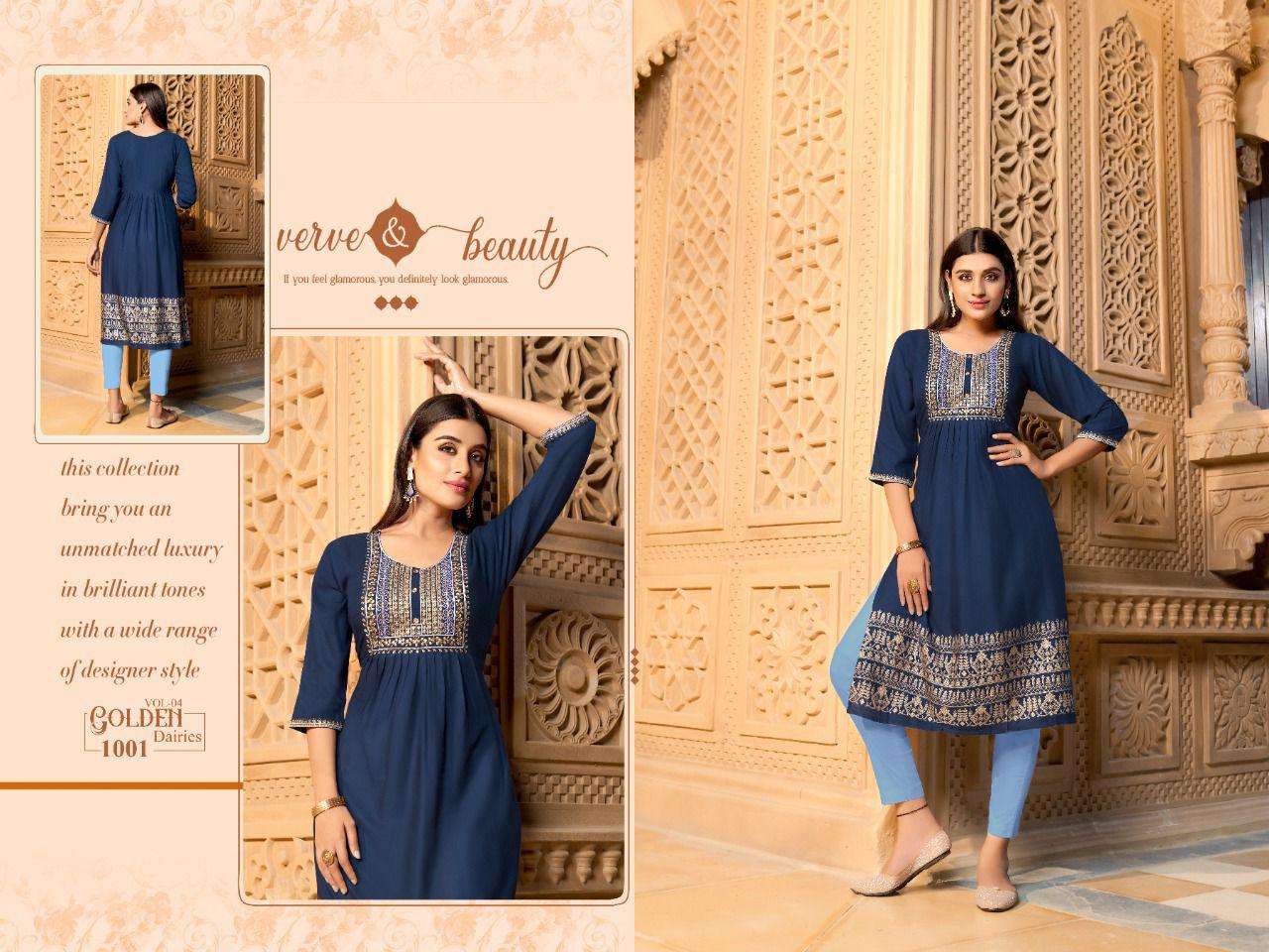 GOLDEN DAIRIES VOL.4 RAYON SULB 14 KG Zari with SEQUENCE SLEEVES WORK KURTI CATALOG WHOLESALER BEST RATE