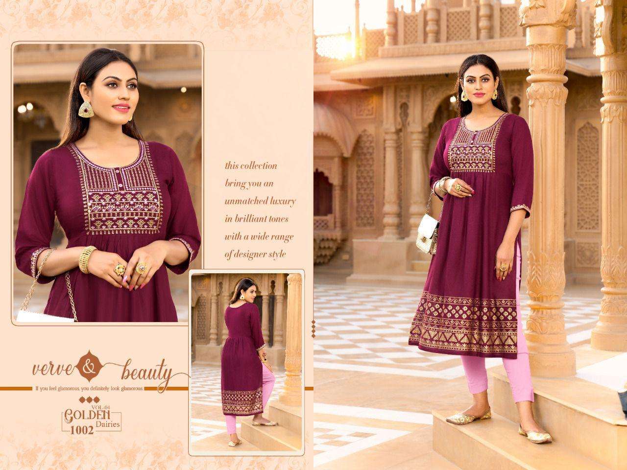 GOLDEN DAIRIES VOL.4 RAYON SULB 14 KG Zari with SEQUENCE SLEEVES WORK KURTI CATALOG WHOLESALER BEST RATE