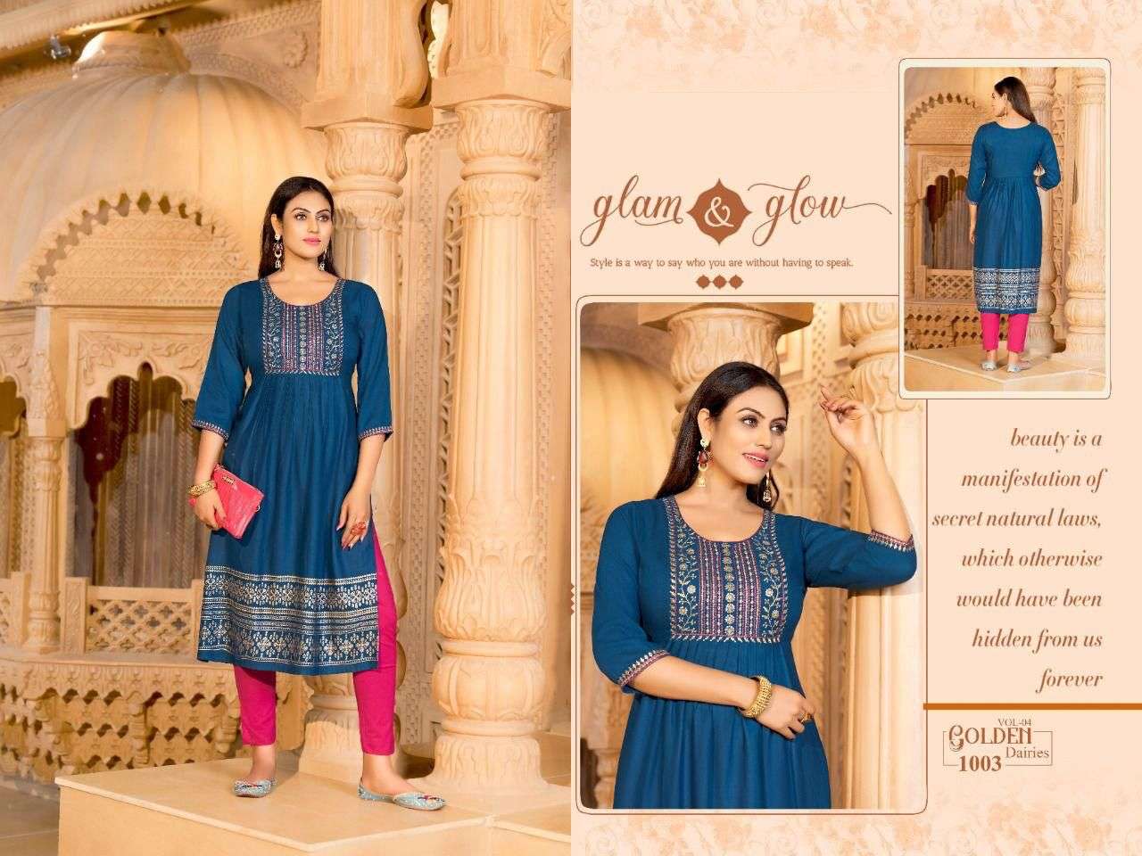 GOLDEN DAIRIES VOL.4 RAYON SULB 14 KG Zari with SEQUENCE SLEEVES WORK KURTI CATALOG WHOLESALER BEST RATE