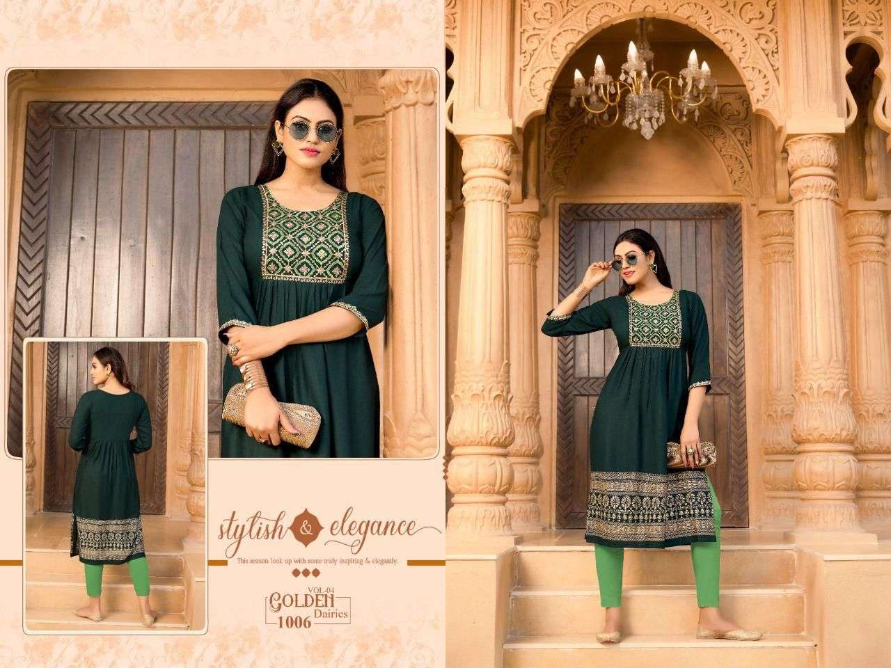 GOLDEN DAIRIES VOL.4 RAYON SULB 14 KG Zari with SEQUENCE SLEEVES WORK KURTI CATALOG WHOLESALER BEST RATE