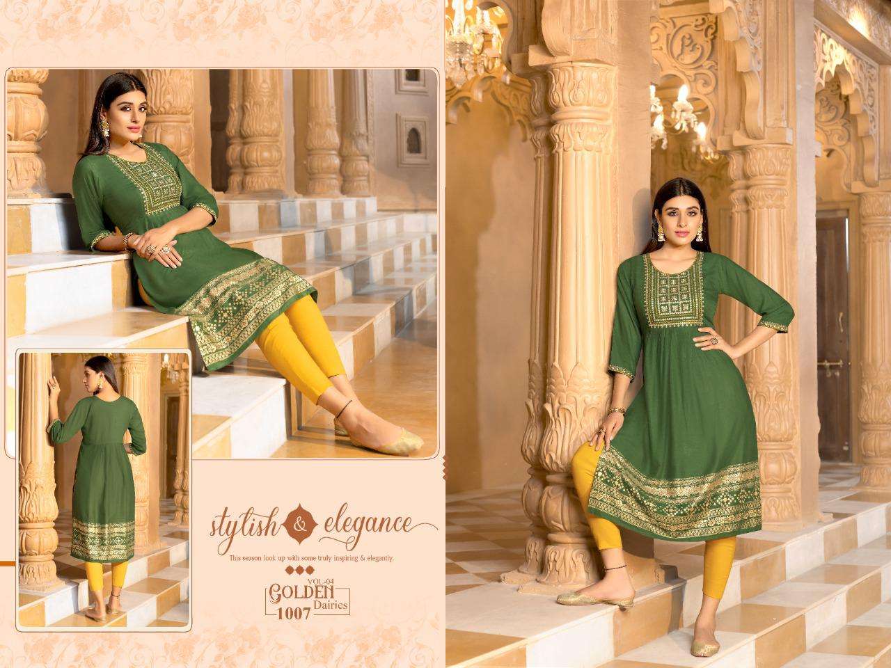 GOLDEN DAIRIES VOL.4 RAYON SULB 14 KG Zari with SEQUENCE SLEEVES WORK KURTI CATALOG WHOLESALER BEST RATE