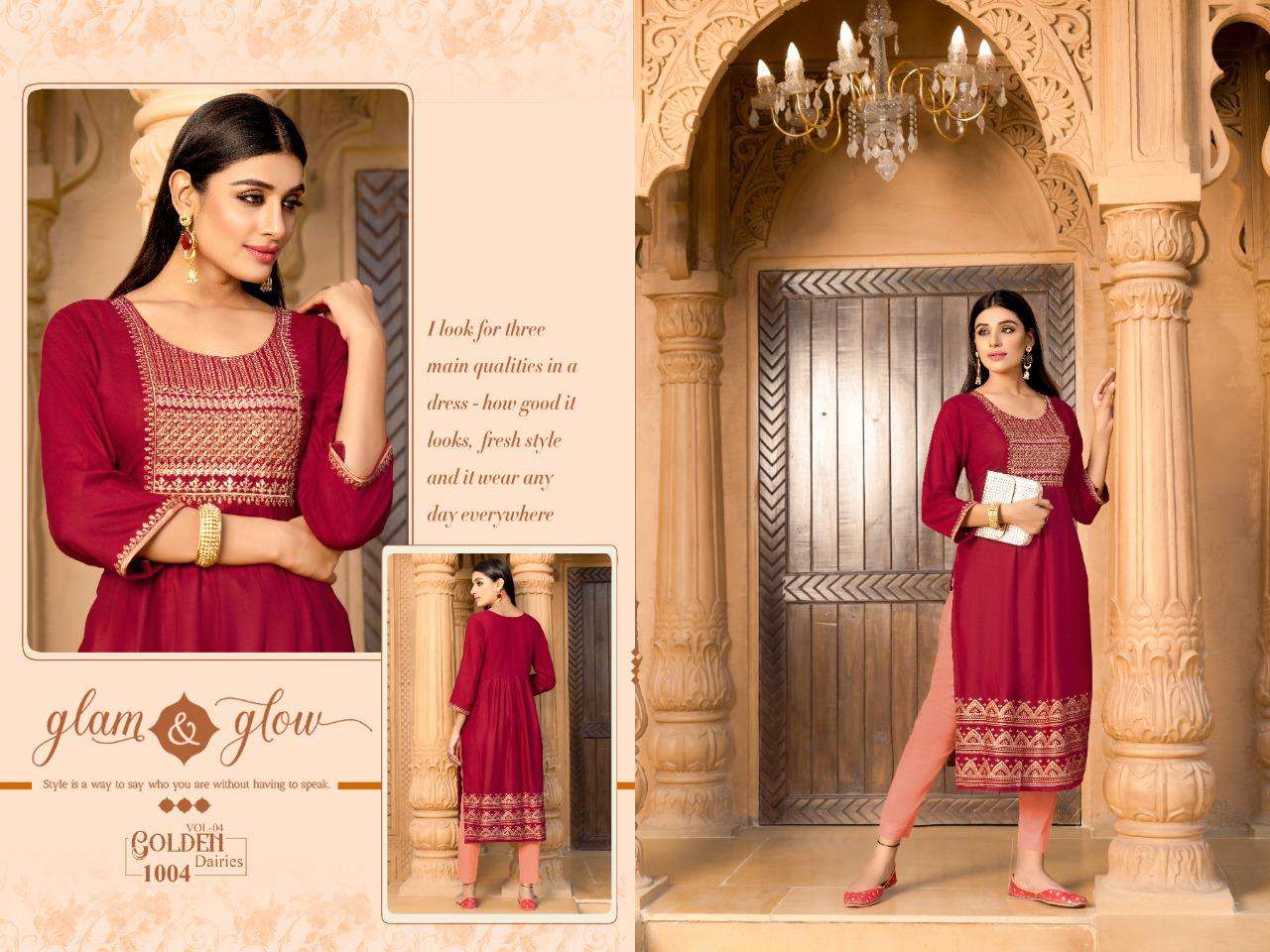 GOLDEN DAIRIES VOL.4 RAYON SULB 14 KG Zari with SEQUENCE SLEEVES WORK KURTI CATALOG WHOLESALER BEST RATE