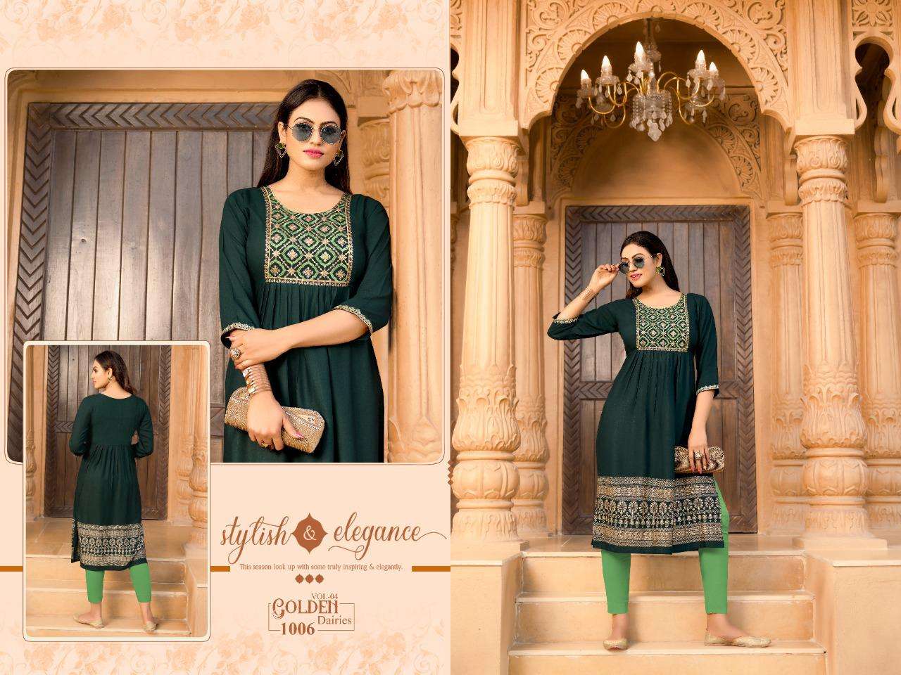 GOLDEN DAIRIES VOL.4 RAYON SULB 14 KG Zari with SEQUENCE SLEEVES WORK KURTI CATALOG WHOLESALER BEST RATE