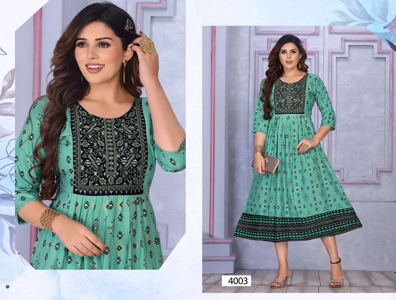 GOLDEN FASHION FOREVER VOL.1 HEAVY RAYON GOLD FOIL PRINT A-Line Gown With Embroidery Sequence Work kurti catalog wholesaler best rate