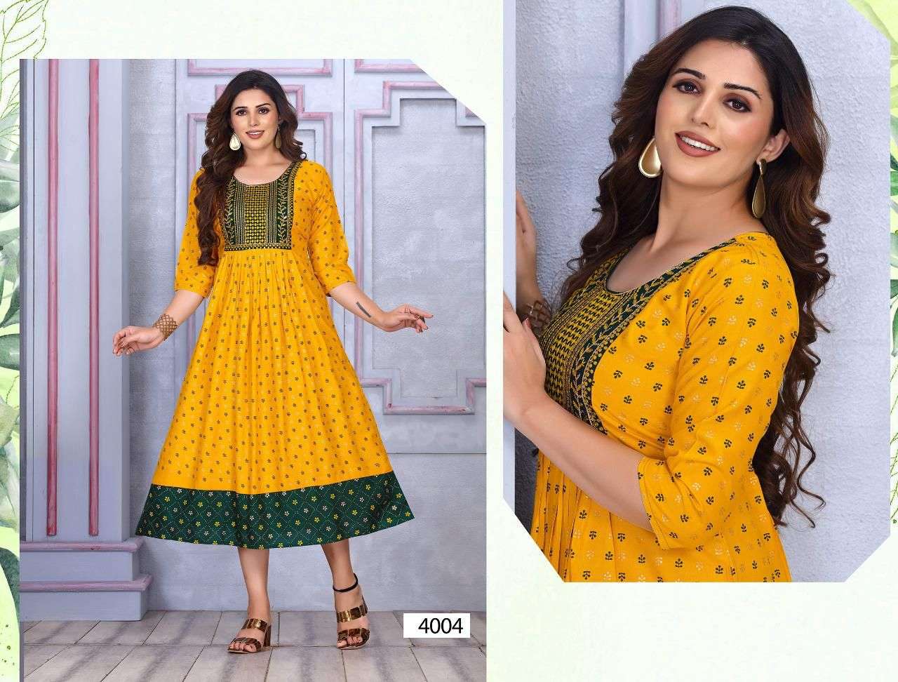 GOLDEN FASHION FOREVER VOL.1 HEAVY RAYON GOLD FOIL PRINT A-Line Gown With Embroidery Sequence Work kurti catalog wholesaler best rate