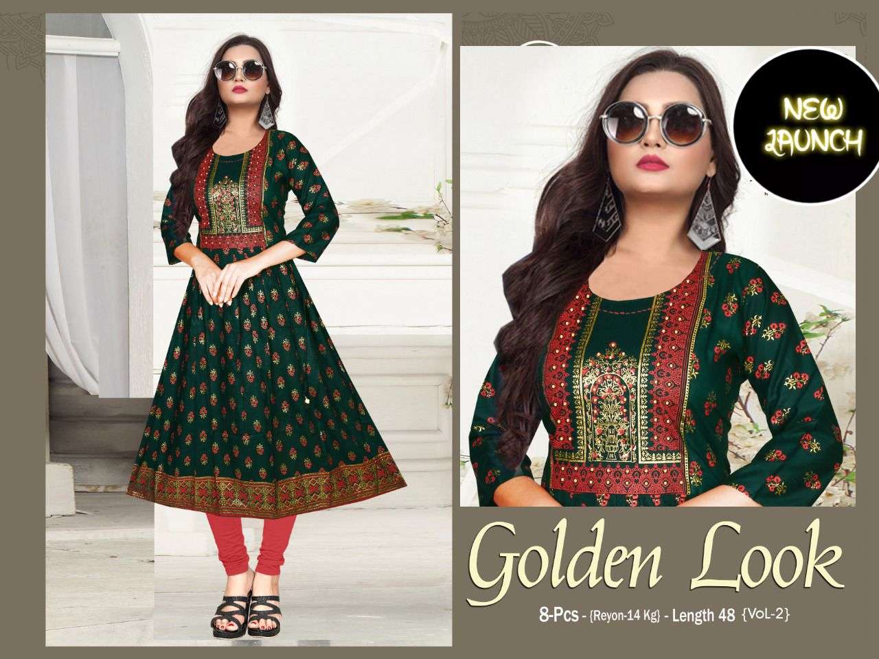 New Riyaa Golden Look Vol.2  Rayon 14 Kg Gold Foil 48 Length Full Flared Kurti with Handwork KURTI CATALOG WHOLESALER BEST RATE