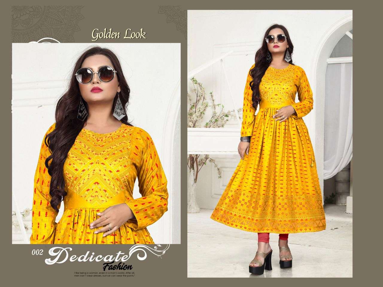 New Riyaa Golden Look Vol.2  Rayon 14 Kg Gold Foil 48 Length Full Flared Kurti with Handwork KURTI CATALOG WHOLESALER BEST RATE