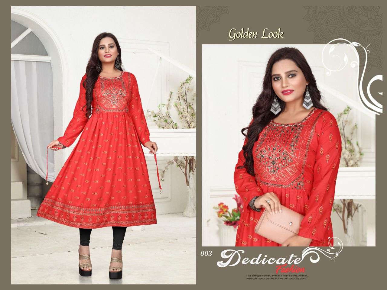 New Riyaa Golden Look Vol.2  Rayon 14 Kg Gold Foil 48 Length Full Flared Kurti with Handwork KURTI CATALOG WHOLESALER BEST RATE