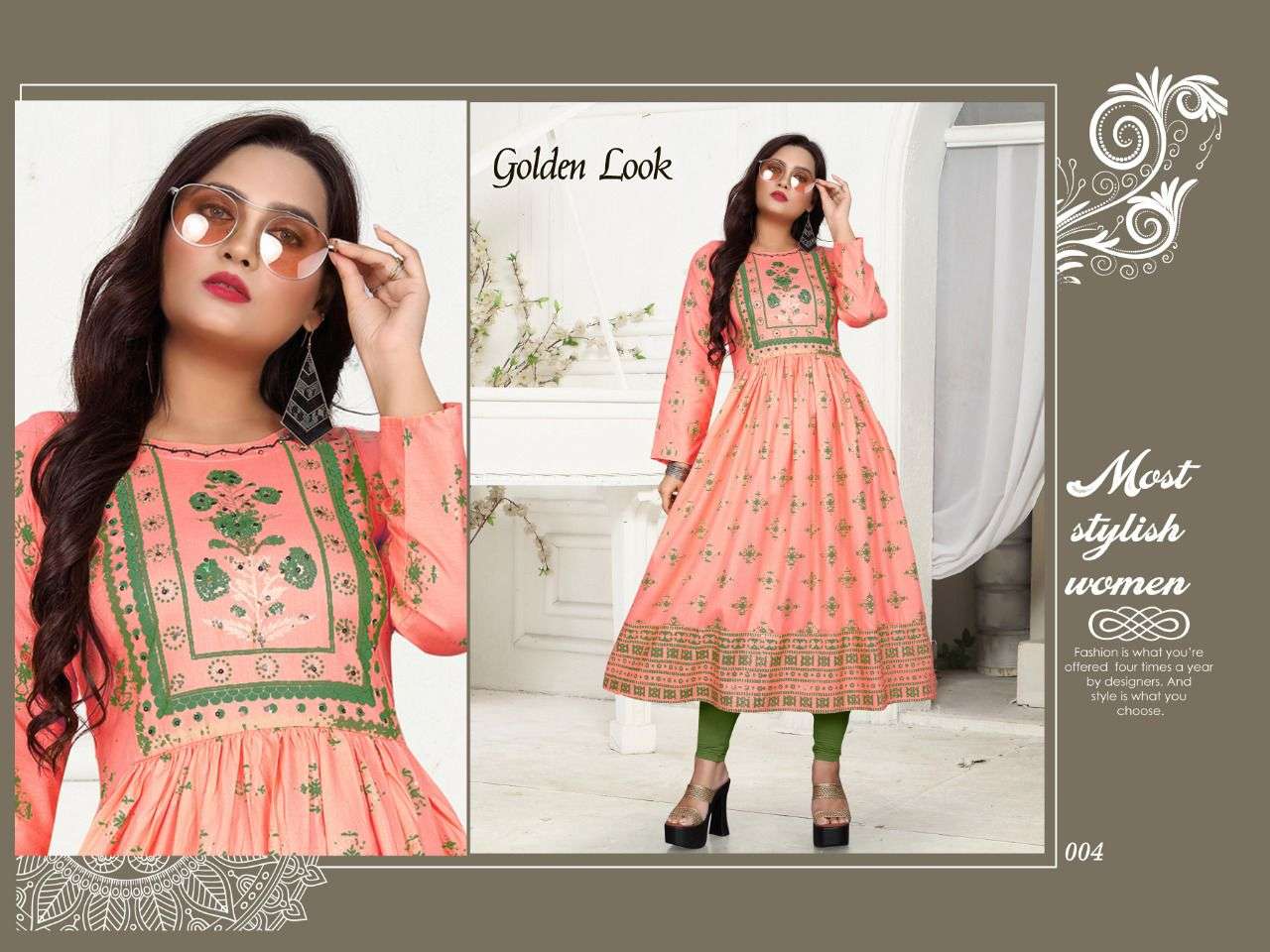 New Riyaa Golden Look Vol.2  Rayon 14 Kg Gold Foil 48 Length Full Flared Kurti with Handwork KURTI CATALOG WHOLESALER BEST RATE