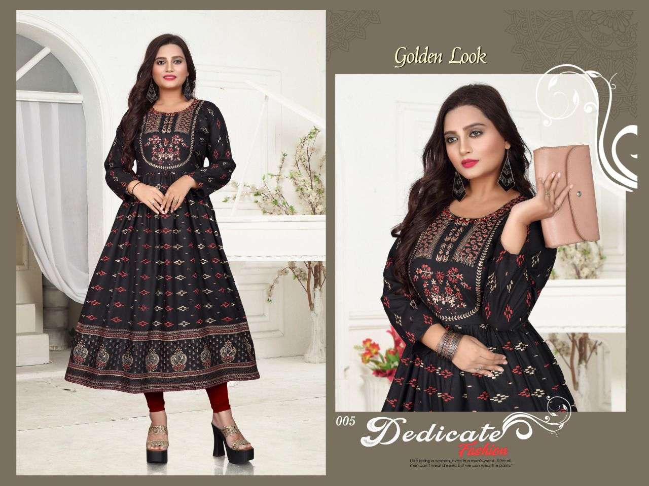 New Riyaa Golden Look Vol.2  Rayon 14 Kg Gold Foil 48 Length Full Flared Kurti with Handwork KURTI CATALOG WHOLESALER BEST RATE