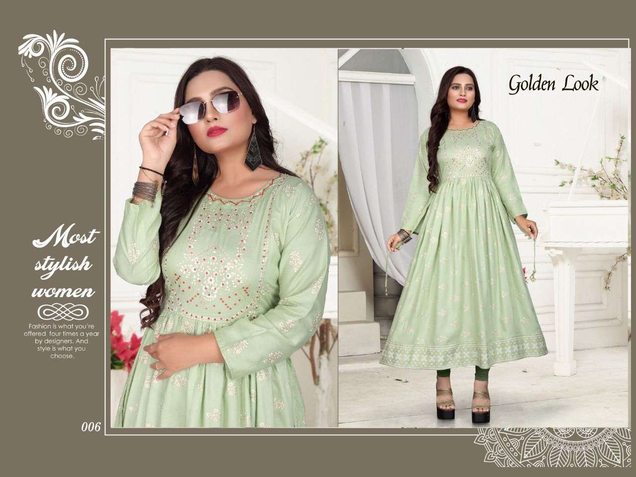 New Riyaa Golden Look Vol.2  Rayon 14 Kg Gold Foil 48 Length Full Flared Kurti with Handwork KURTI CATALOG WHOLESALER BEST RATE