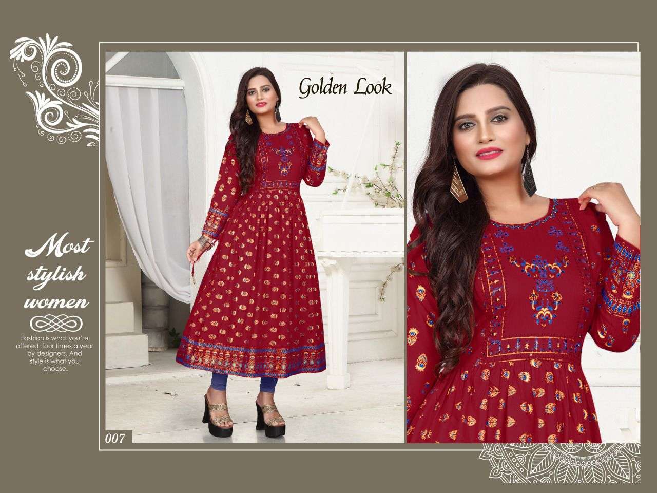 New Riyaa Golden Look Vol.2  Rayon 14 Kg Gold Foil 48 Length Full Flared Kurti with Handwork KURTI CATALOG WHOLESALER BEST RATE