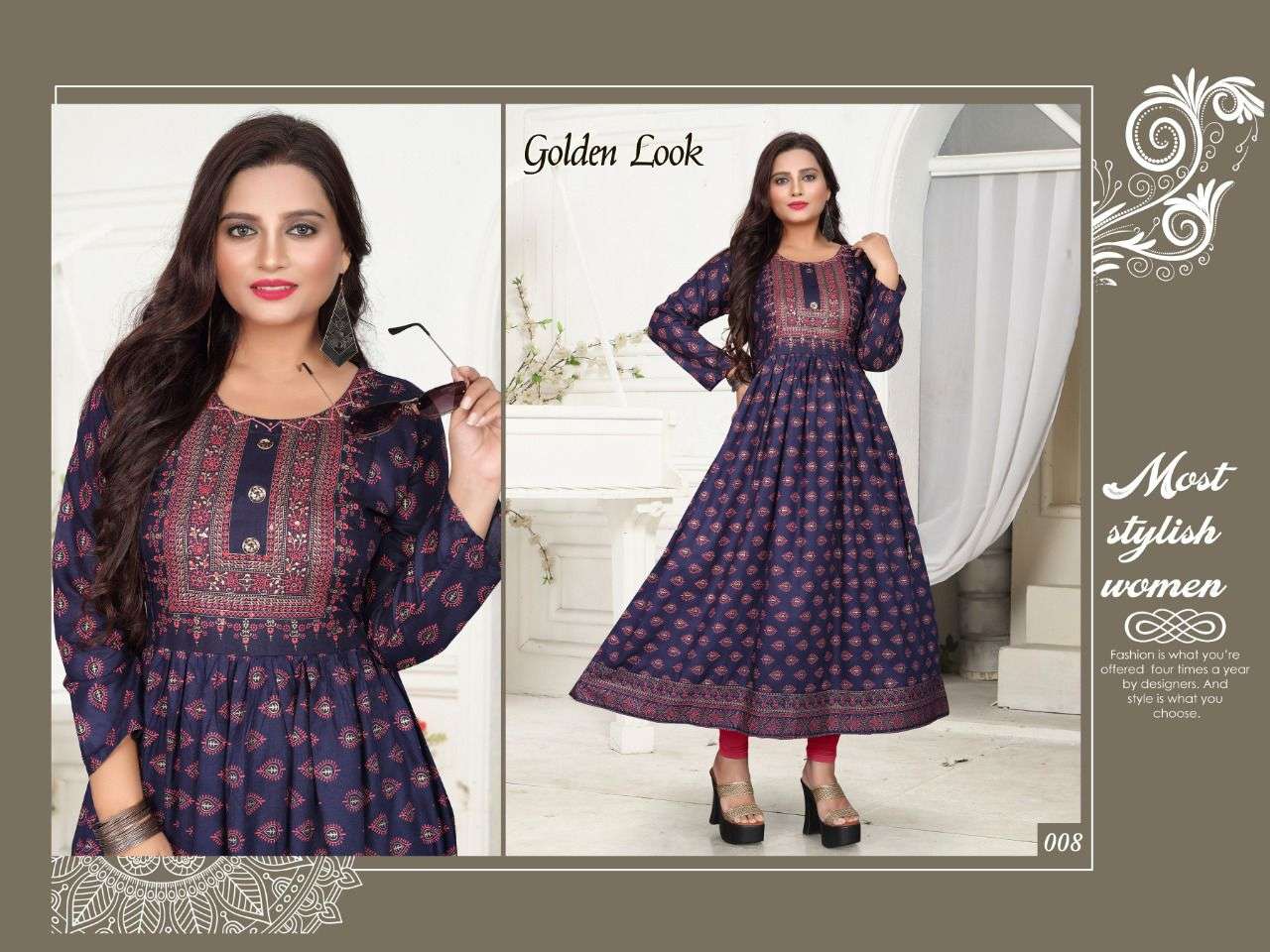 New Riyaa Golden Look Vol.2  Rayon 14 Kg Gold Foil 48 Length Full Flared Kurti with Handwork KURTI CATALOG WHOLESALER BEST RATE