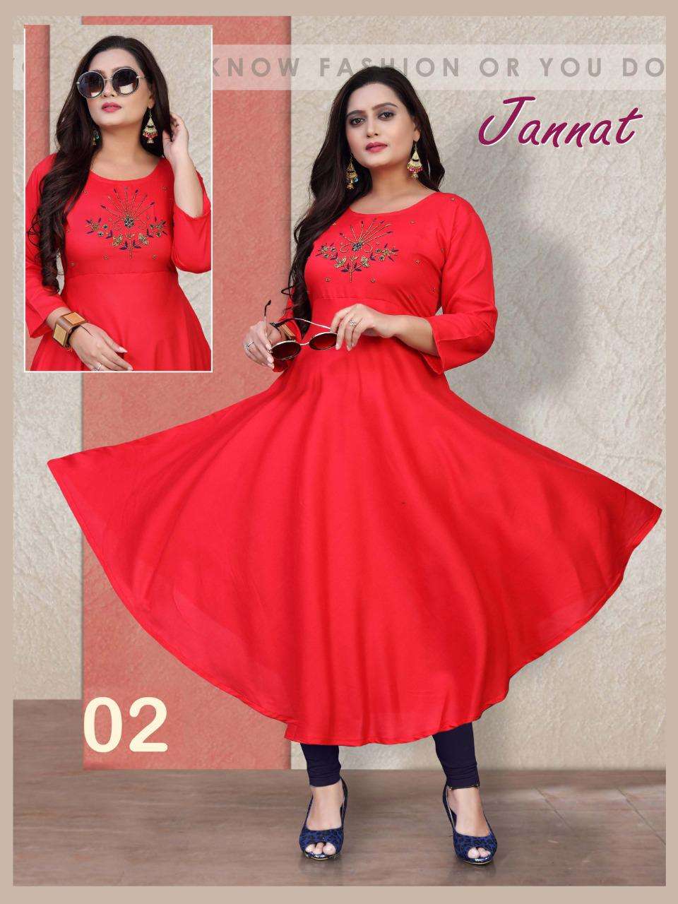 New Riyaa Jannat Vol.4 Rayon 14 Kg Handwork Gown Kurti Length 50 and Ghera 48 KURTI CATALOG WHOLESALER BEST RATE