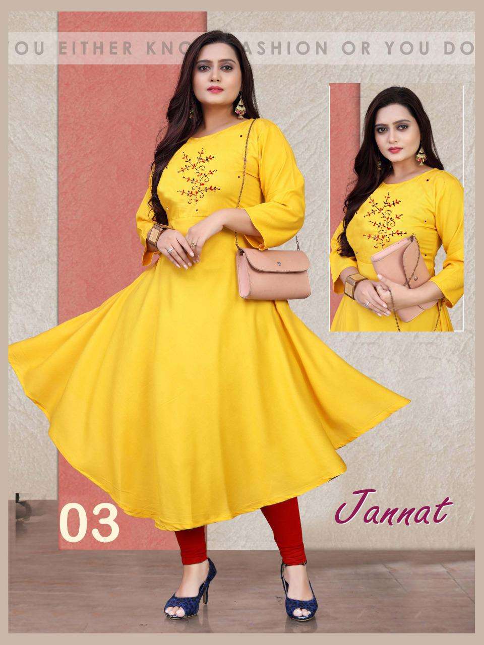 New Riyaa Jannat Vol.4 Rayon 14 Kg Handwork Gown Kurti Length 50 and Ghera 48 KURTI CATALOG WHOLESALER BEST RATE